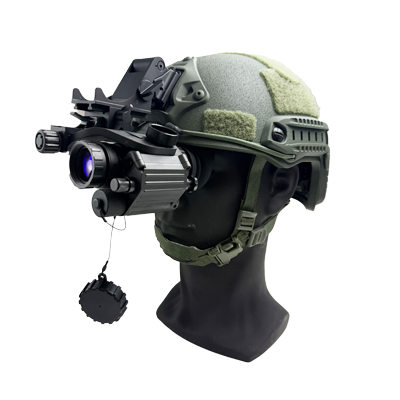 Three-quarter view of the PVS-14 helmet-mounted setup