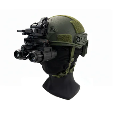 BNVD 3150 helmet-mounted setup viewed from the opposite oblique angle