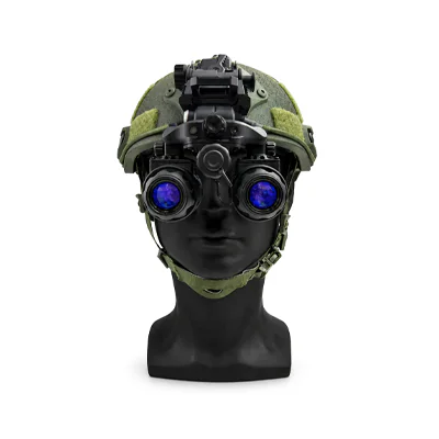Front view of BNVD 3150 binocular night vision goggles on a helmet