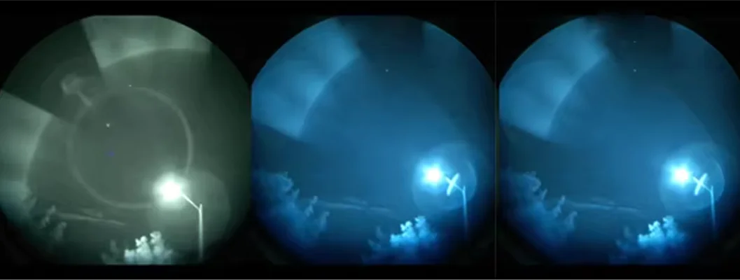 Bright light source through Carson, RPO 3.0 and QCNV lenses, from left to right