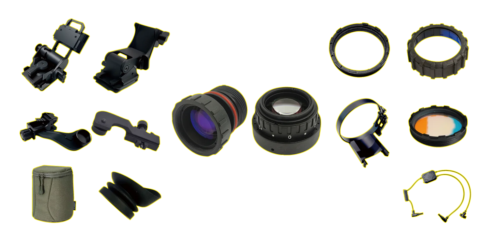 Night vision optics and accessories, including lenses, mounting components, eyecups, cables, and a carrying pouch