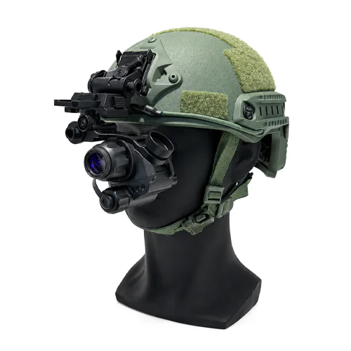 Three-quarter close-up of the MNVD 1450 helmet-mounted setup